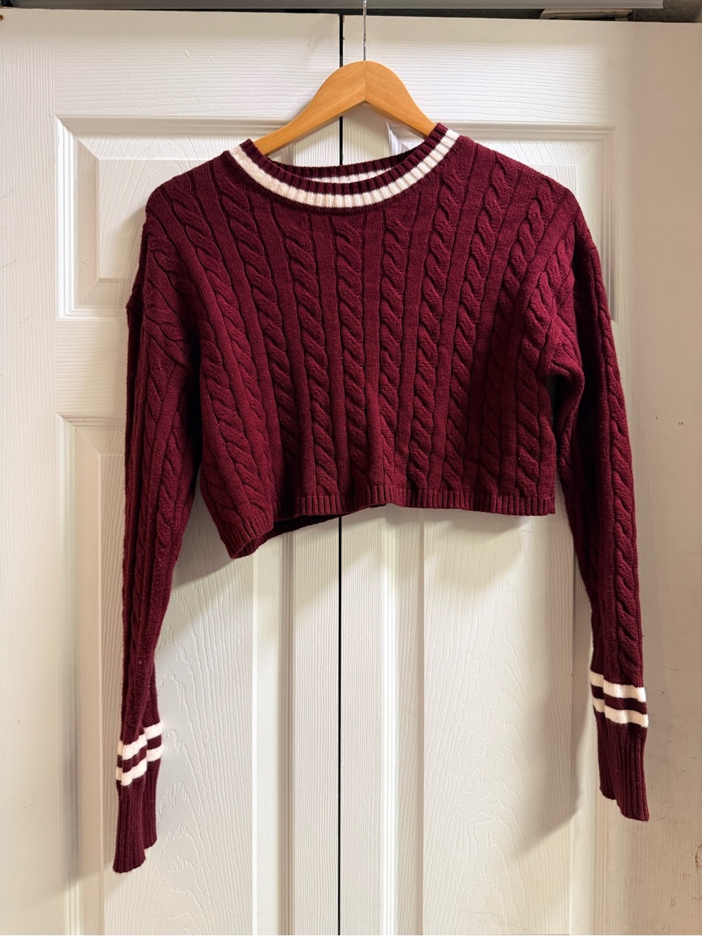 Altar'd State Burgundy Cable Knit Cropped Sweater with Cream Trim #0023